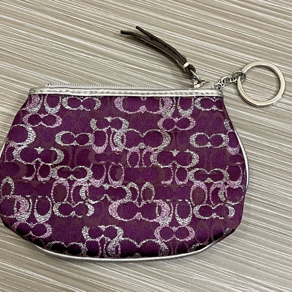 Coach Purple Silver Glitter Coin Change Purse chain wallet clutch classic logo